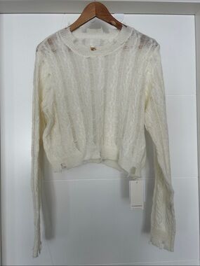 Commense Distressed Cream Cable Knit Cropped Crewneck Sweater